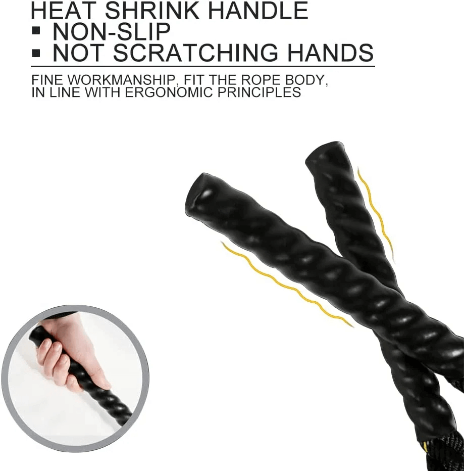 Heat shrink handle of heavy-duty battle jump rope with non-slip grip and ergonomic design for strength workouts.